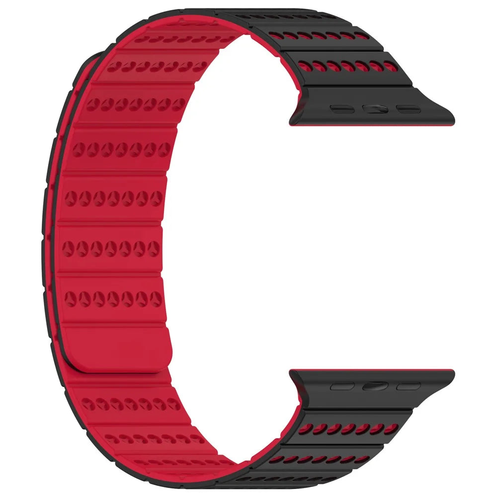 Silicone Strap for Apple Watch Ultra 3 2 1 49mm / Series 11 10 46mm / 9 8 7 45mm / SE3 SE2 SE 6 5 4 44mm / 3 2 1 42mm Magnetic Adjustable Watch Band - Black+Red - 1