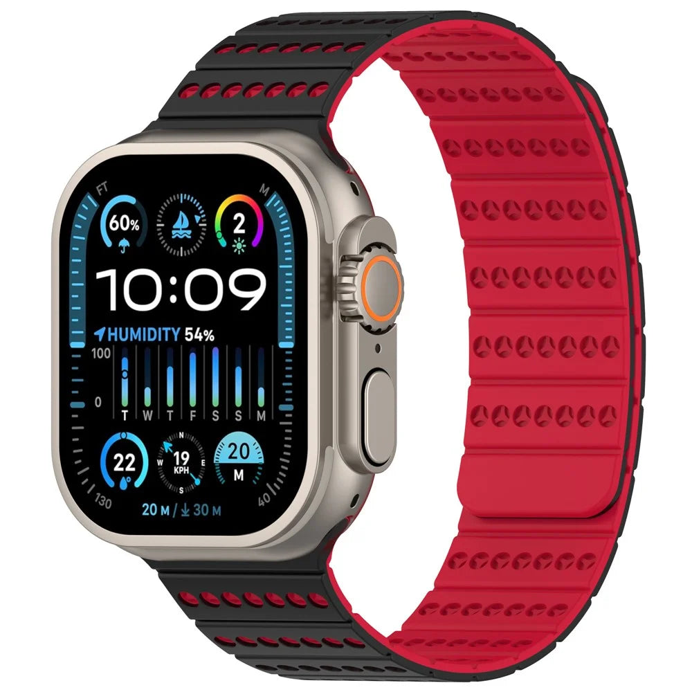Silicone Strap for Apple Watch Ultra 3 2 1 49mm / Series 11 10 46mm / 9 8 7 45mm / SE3 SE2 SE 6 5 4 44mm / 3 2 1 42mm Magnetic Adjustable Watch Band - Black+Red - 3