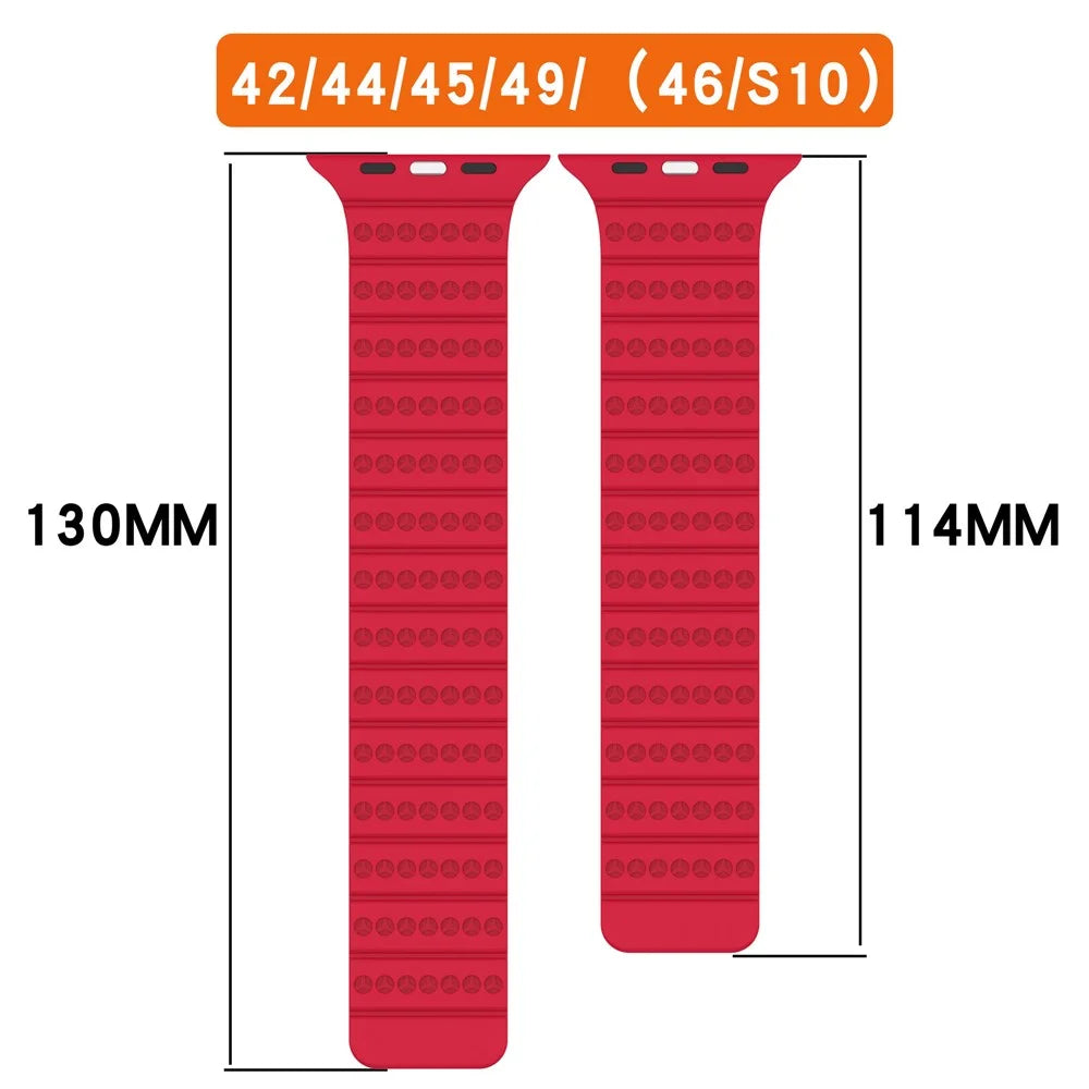 Silicone Strap for Apple Watch Ultra 3 2 1 49mm / Series 11 10 46mm / 9 8 7 45mm / SE3 SE2 SE 6 5 4 44mm / 3 2 1 42mm Magnetic Adjustable Watch Band - Black+Red - 4