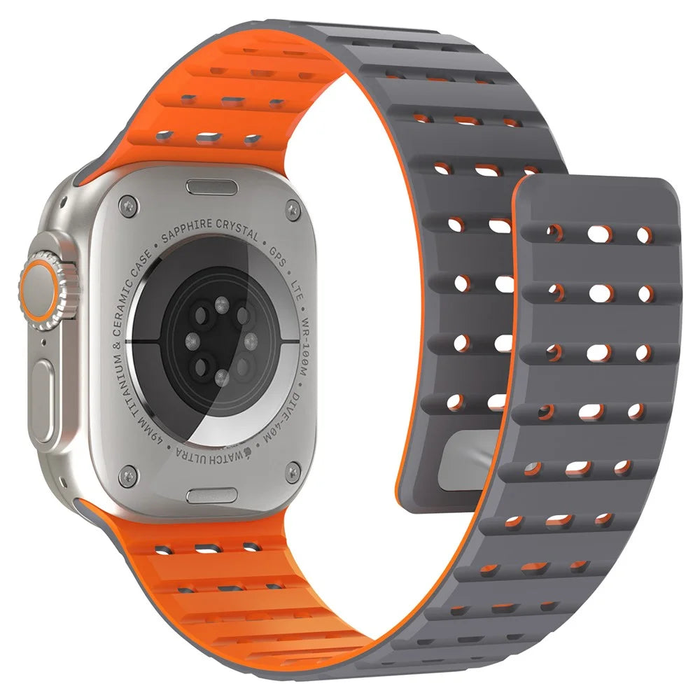AHASTYLE WE33 Watch Band For Apple Watch Ultra 3 2 1 49mm / Series 11 10 46mm / 9 8 7 45mm / SE3 SE2 SE 6 5 4 44mm / 3 2 1 42mm Magnetic Silicone Strap - Grey + Orange - 1