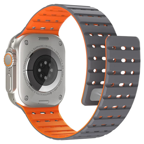 AHASTYLE WE33 Watch Band For Apple Watch Ultra 3 2 1 49mm / Series 11 10 46mm / 9 8 7 45mm / SE3 SE2 SE 6 5 4 44mm / 3 2 1 42mm Magnetic Silicone Strap - Grey + Orange - 1