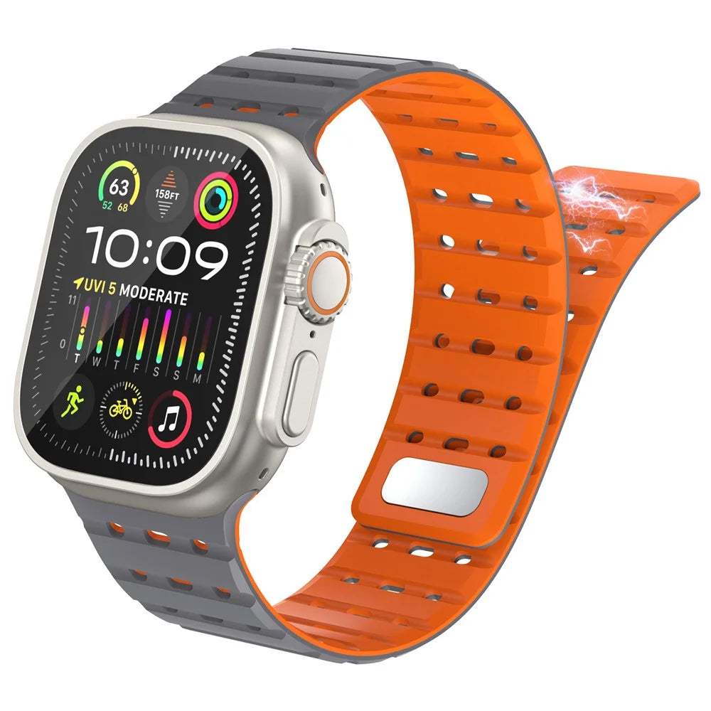 AHASTYLE WE33 Watch Band For Apple Watch Ultra 3 2 1 49mm / Series 11 10 46mm / 9 8 7 45mm / SE3 SE2 SE 6 5 4 44mm / 3 2 1 42mm Magnetic Silicone Strap - Grey + Orange - 2