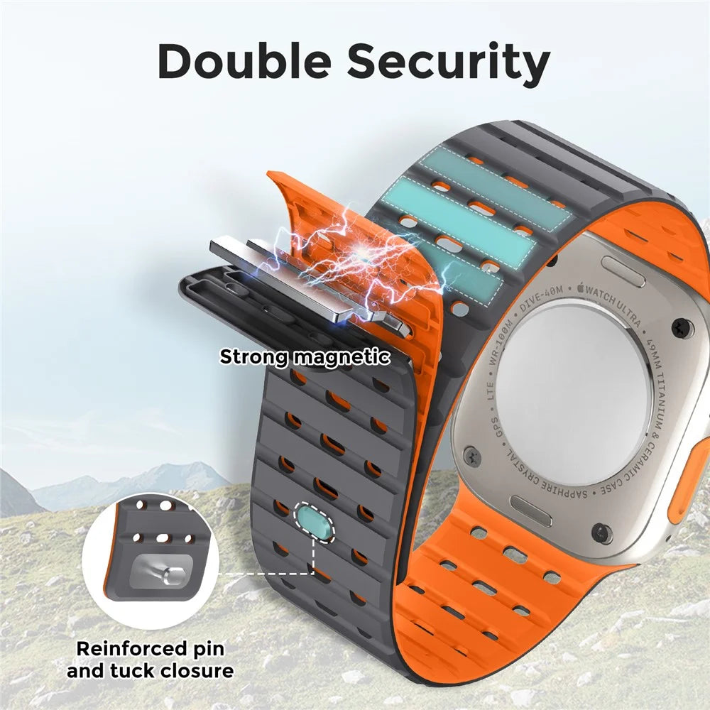 AHASTYLE WE33 Watch Band For Apple Watch Ultra 3 2 1 49mm / Series 11 10 46mm / 9 8 7 45mm / SE3 SE2 SE 6 5 4 44mm / 3 2 1 42mm Magnetic Silicone Strap - Grey + Orange - 3