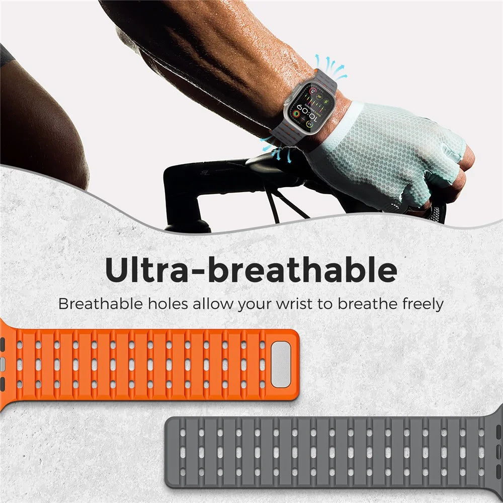 AHASTYLE WE33 Watch Band For Apple Watch Ultra 3 2 1 49mm / Series 11 10 46mm / 9 8 7 45mm / SE3 SE2 SE 6 5 4 44mm / 3 2 1 42mm Magnetic Silicone Strap - Grey + Orange - 4