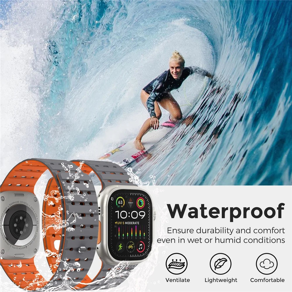 AHASTYLE WE33 Watch Band For Apple Watch Ultra 3 2 1 49mm / Series 11 10 46mm / 9 8 7 45mm / SE3 SE2 SE 6 5 4 44mm / 3 2 1 42mm Magnetic Silicone Strap - Grey + Orange - 5