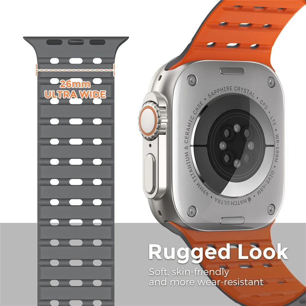 AHASTYLE WE33 Watch Band For Apple Watch Ultra 3 2 1 49mm / Series 11 10 46mm / 9 8 7 45mm / SE3 SE2 SE 6 5 4 44mm / 3 2 1 42mm Magnetic Silicone Strap - Grey + Orange - 6