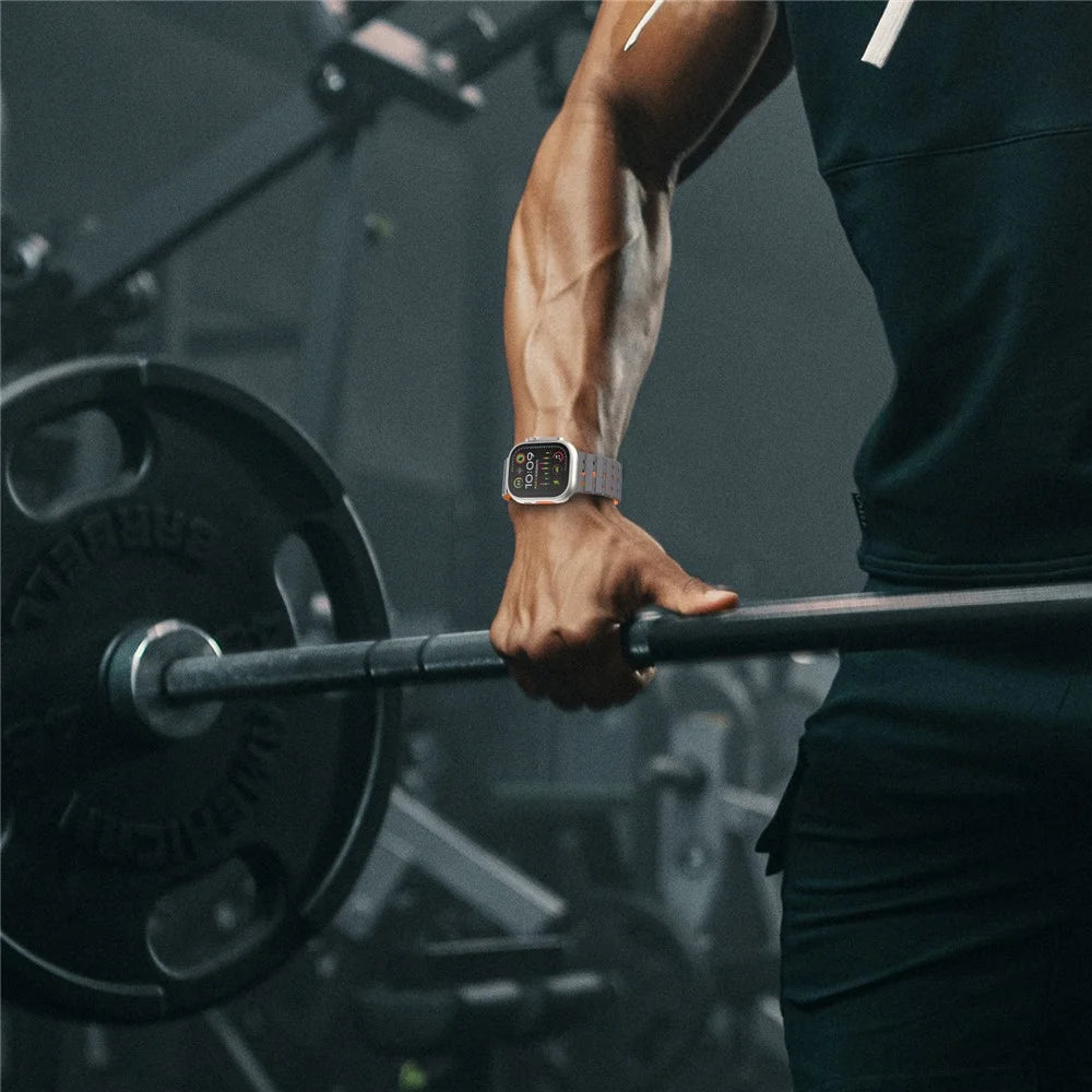 AHASTYLE WE33 Watch Band For Apple Watch Ultra 3 2 1 49mm / Series 11 10 46mm / 9 8 7 45mm / SE3 SE2 SE 6 5 4 44mm / 3 2 1 42mm Magnetic Silicone Strap - Grey + Orange - 7