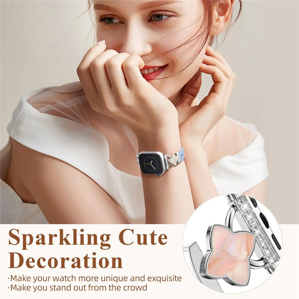 Watch Band For Apple Watch Series 11 10 42mm / 9 8 7 41mm / SE3 SE2 SE 6 5 4 40mm / 3 2 1 38mm Four-Pointed Star Genuine Cow Leather Strap - Blue - 3