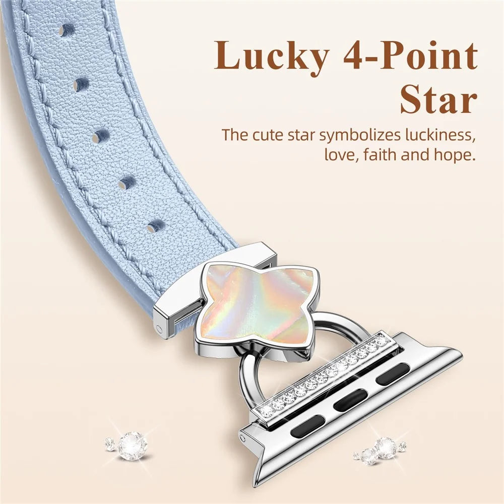 Watch Band For Apple Watch Series 11 10 42mm / 9 8 7 41mm / SE3 SE2 SE 6 5 4 40mm / 3 2 1 38mm Four-Pointed Star Genuine Cow Leather Strap - Blue - 4