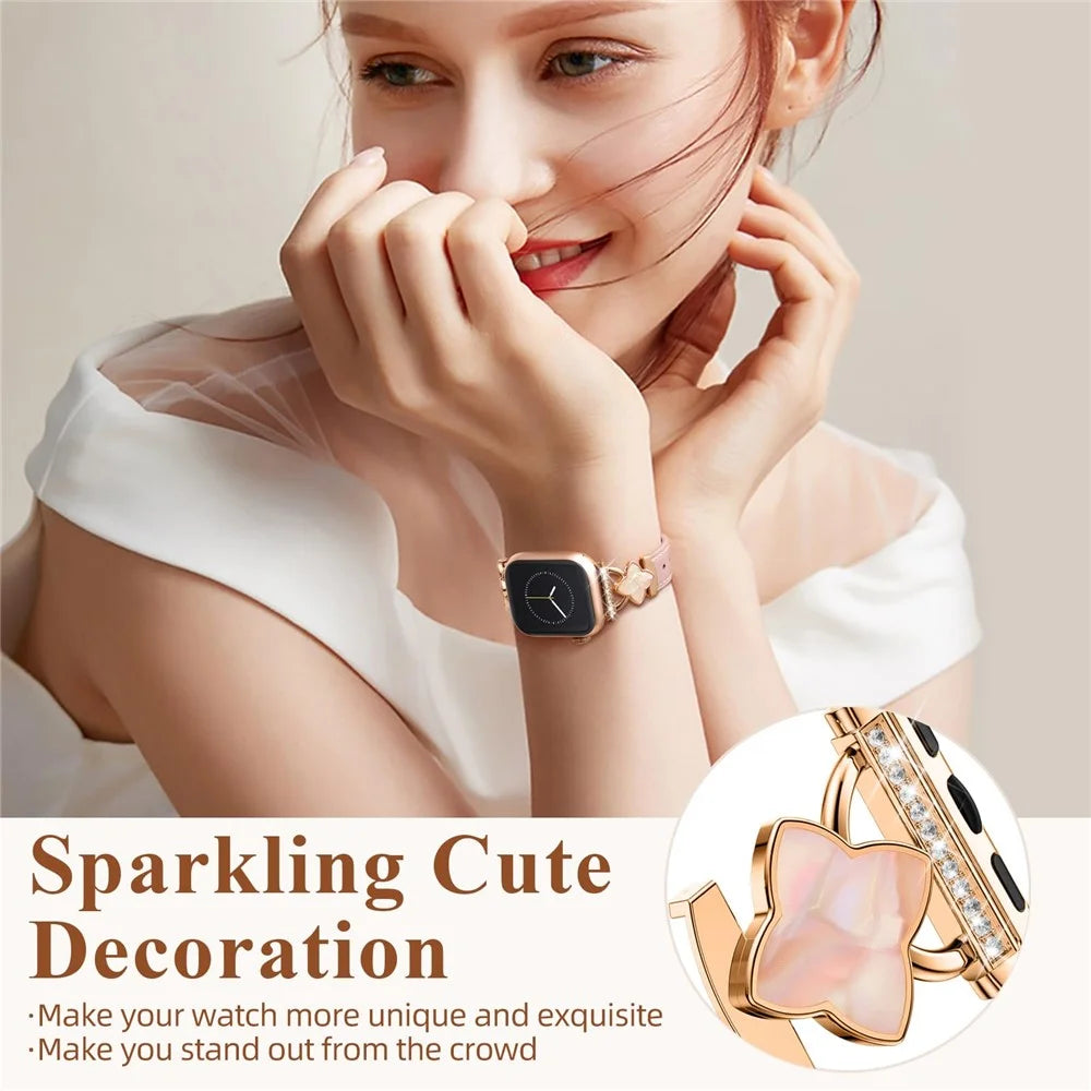 Watch Band For Apple Watch Series 11 10 42mm / 9 8 7 41mm / SE3 SE2 SE 6 5 4 40mm / 3 2 1 38mm Four-Pointed Star Adjustable Genuine Cow Leather Strap - Pink - 3