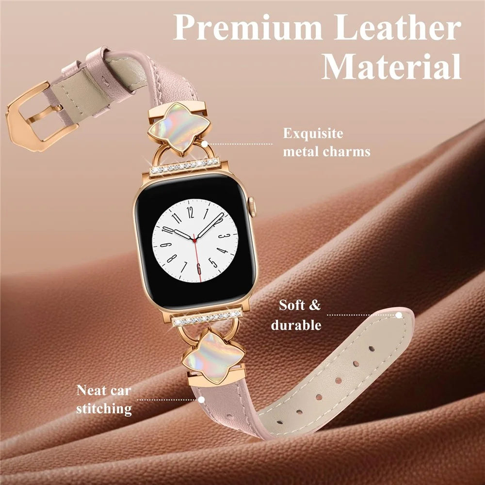 Watch Band For Apple Watch Series 11 10 42mm / 9 8 7 41mm / SE3 SE2 SE 6 5 4 40mm / 3 2 1 38mm Four-Pointed Star Adjustable Genuine Cow Leather Strap - Pink - 5
