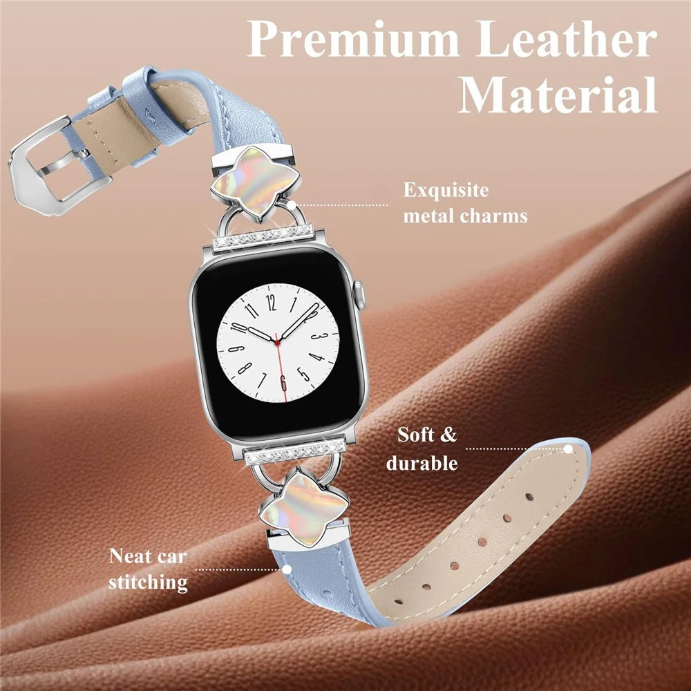 Watch Band For Apple Watch Ultra 3 2 1 49mm / Series 11 10 46mm / 9 8 7 45mm / SE3 SE2 SE 6 5 4 44mm / 3 2 1 42mm 42mm Four-Pointed Star Genuine Cow Leather Strap - Blue - 5