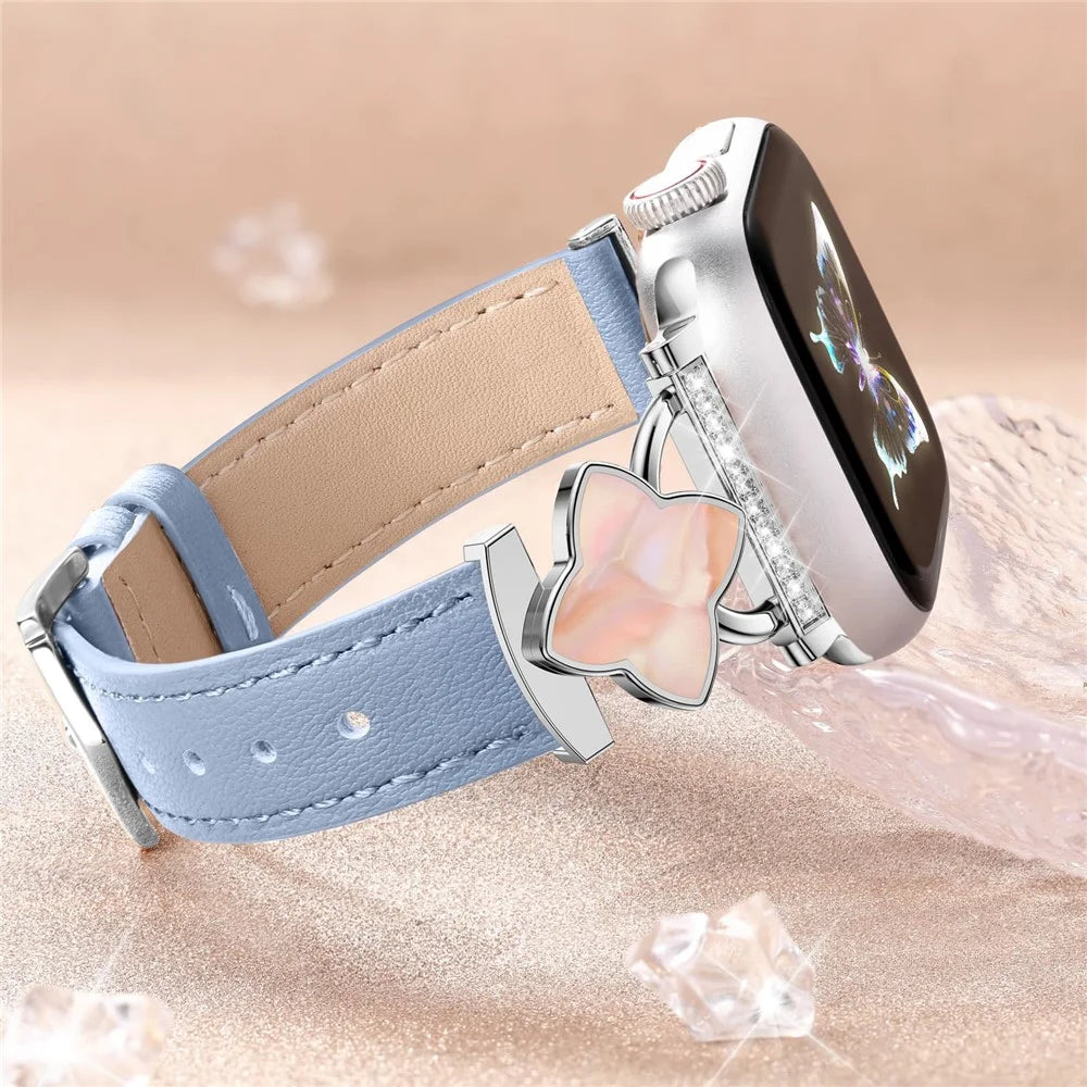 Watch Band For Apple Watch Ultra 3 2 1 49mm / Series 11 10 46mm / 9 8 7 45mm / SE3 SE2 SE 6 5 4 44mm / 3 2 1 42mm 42mm Four-Pointed Star Genuine Cow Leather Strap - Blue - 6