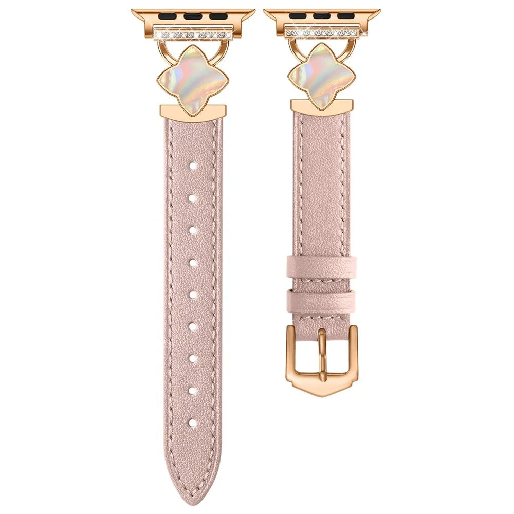 Watch Band For Apple Watch Ultra 3 2 1 49mm / Series 11 10 46mm / 9 8 7 45mm / SE3 SE2 SE 6 5 4 44mm / 3 2 1 42mm Four-Pointed Star Adjustable Genuine Cow Leather Strap - Pink - 1