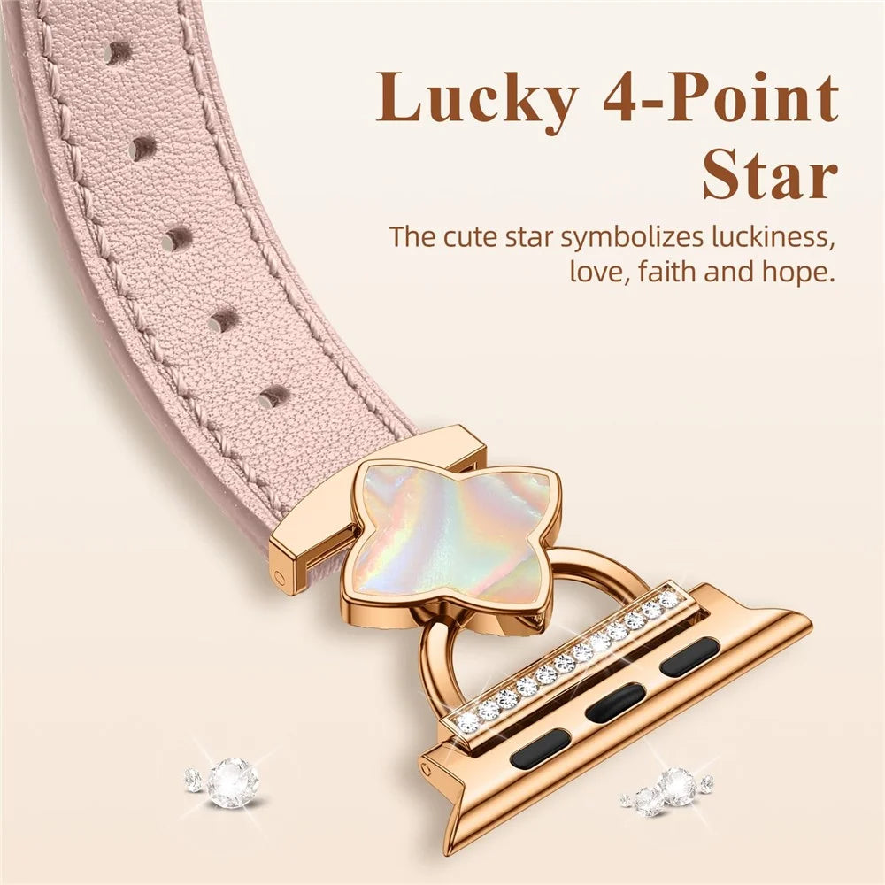 Watch Band For Apple Watch Ultra 3 2 1 49mm / Series 11 10 46mm / 9 8 7 45mm / SE3 SE2 SE 6 5 4 44mm / 3 2 1 42mm Four-Pointed Star Adjustable Genuine Cow Leather Strap - Pink - 4