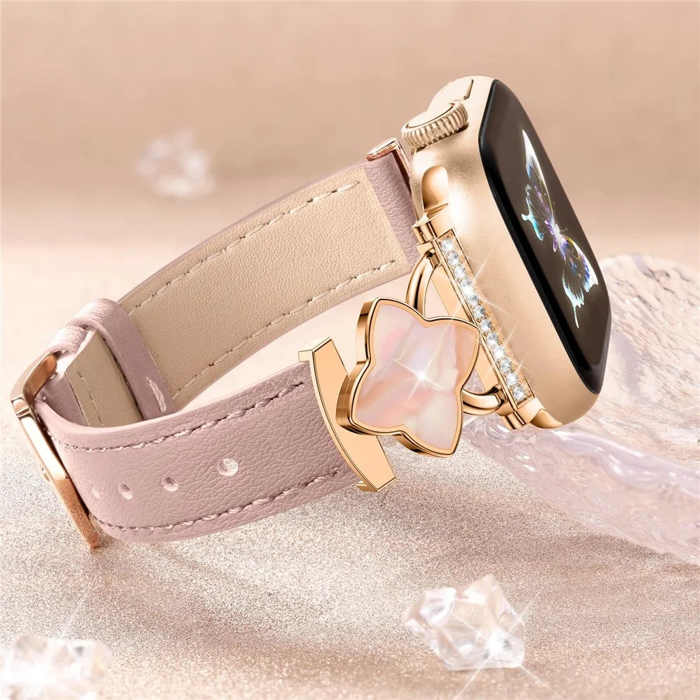 Watch Band For Apple Watch Ultra 3 2 1 49mm / Series 11 10 46mm / 9 8 7 45mm / SE3 SE2 SE 6 5 4 44mm / 3 2 1 42mm Four-Pointed Star Adjustable Genuine Cow Leather Strap - Pink - 6