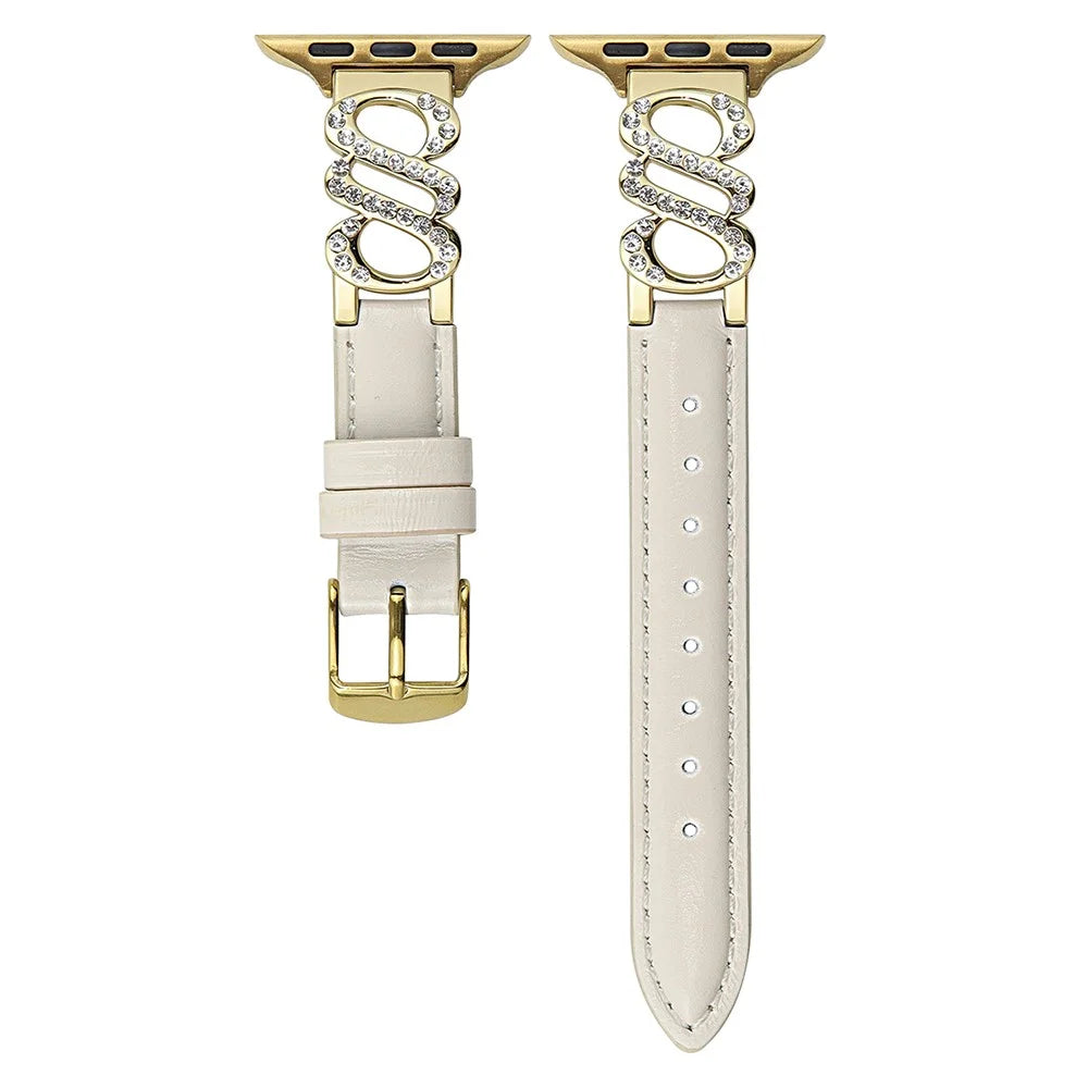 Wrist Strap for Apple Watch Series 11 10 42mm / 9 8 7 41mm / SE3 SE2 SE 6 5 4 40mm / 3 2 1 38mm S-Shape Metal Leather Band Rhinestone Decor - White / Gold Buckle - 1