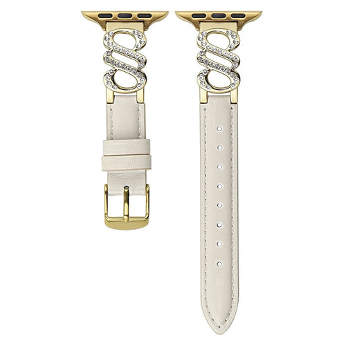 Wrist Strap for Apple Watch Series 11 10 42mm / 9 8 7 41mm / SE3 SE2 SE 6 5 4 40mm / 3 2 1 38mm S-Shape Metal Leather Band Rhinestone Decor - White / Gold Buckle - 1