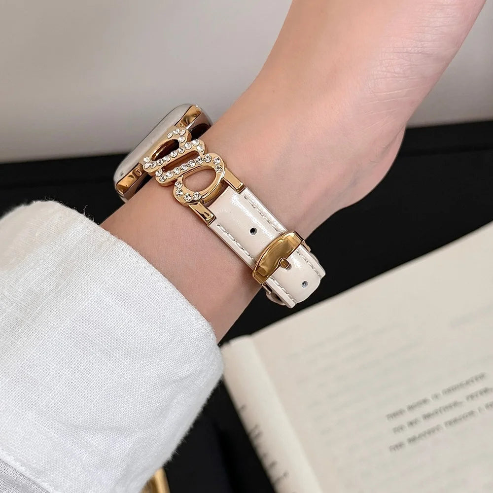 Wrist Strap for Apple Watch Series 11 10 42mm / 9 8 7 41mm / SE3 SE2 SE 6 5 4 40mm / 3 2 1 38mm S-Shape Metal Leather Band Rhinestone Decor - White / Gold Buckle - 3