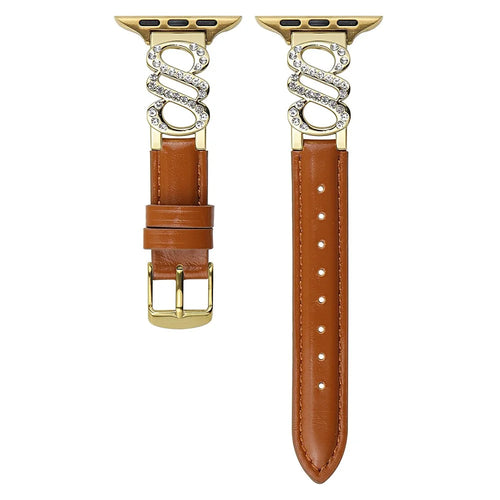 Wrist Strap for Apple Watch Ultra 3 2 1 49mm / Series 11 10 46mm / 9 8 7 45mm / SE3 SE2 SE 6 5 4 44mm / 3 2 1 42mm S-Shape Leather Band Rhinestone Decor - Brown / Gold Buckle - 1