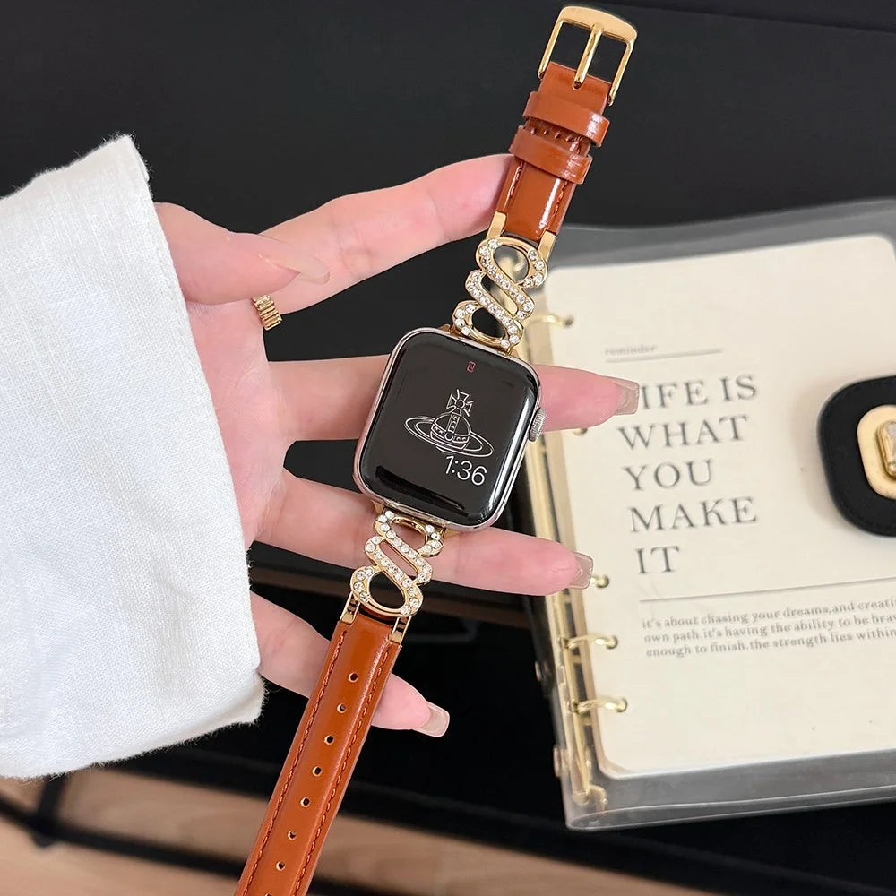 Wrist Strap for Apple Watch Ultra 3 2 1 49mm / Series 11 10 46mm / 9 8 7 45mm / SE3 SE2 SE 6 5 4 44mm / 3 2 1 42mm S-Shape Leather Band Rhinestone Decor - Brown / Gold Buckle - 2