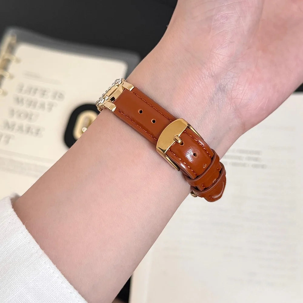 Wrist Strap for Apple Watch Ultra 3 2 1 49mm / Series 11 10 46mm / 9 8 7 45mm / SE3 SE2 SE 6 5 4 44mm / 3 2 1 42mm S-Shape Leather Band Rhinestone Decor - Brown / Gold Buckle - 3