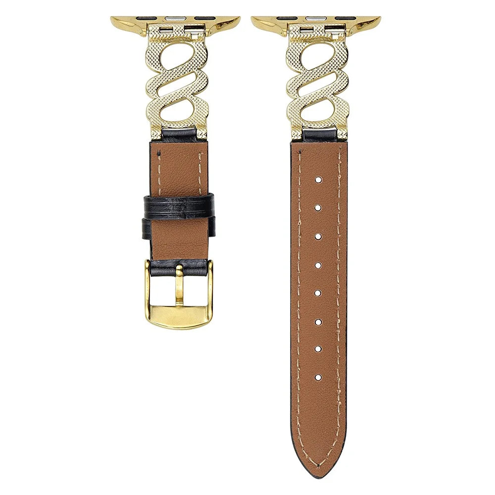 Wrist Strap for Apple Watch Ultra 3 2 1 49mm / Series 11 10 46mm / 9 8 7 45mm / SE3 SE2 SE 6 5 4 44mm / 3 2 1 42mm S-Shape Leather Band Rhinestone Decor - Brown / Gold Buckle - 4