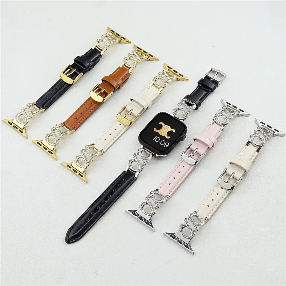 Wrist Strap for Apple Watch Ultra 3 2 1 49mm / Series 11 10 46mm / 9 8 7 45mm / SE3 SE2 SE 6 5 4 44mm / 3 2 1 42mm S-Shape Leather Band Rhinestone Decor - Brown / Gold Buckle - 5