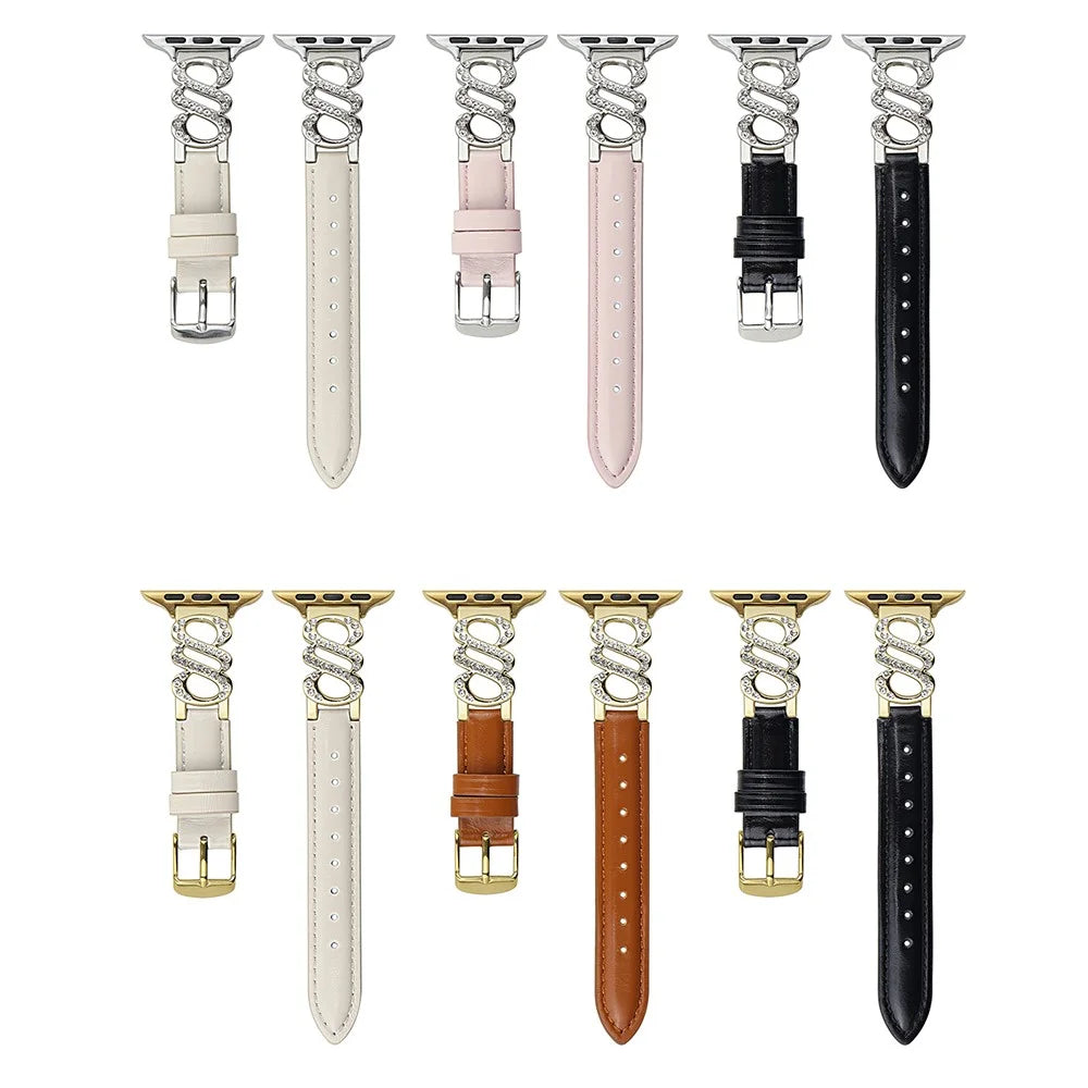 Wrist Strap for Apple Watch Ultra 3 2 1 49mm / Series 11 10 46mm / 9 8 7 45mm / SE3 SE2 SE 6 5 4 44mm / 3 2 1 42mm S-Shape Leather Band Rhinestone Decor - Brown / Gold Buckle - 6