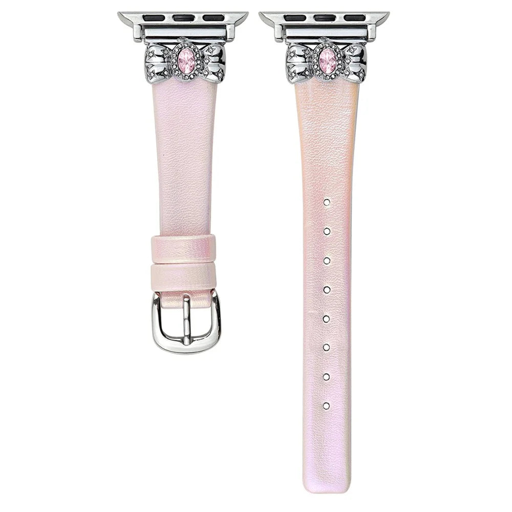 Watch Strap for Apple Watch Series 11 10 42mm / 9 8 7 41mm / SE3 SE2 SE 6 5 4 40mm / 3 2 1 38mm Leather Band Butterfly Joint Rhinestones Decor - Light Pink - 1