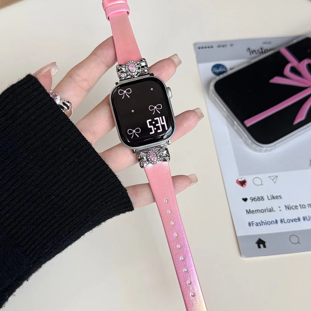Watch Strap for Apple Watch Series 11 10 42mm / 9 8 7 41mm / SE3 SE2 SE 6 5 4 40mm / 3 2 1 38mm Leather Band Butterfly Joint Rhinestones Decor - Light Pink - 2