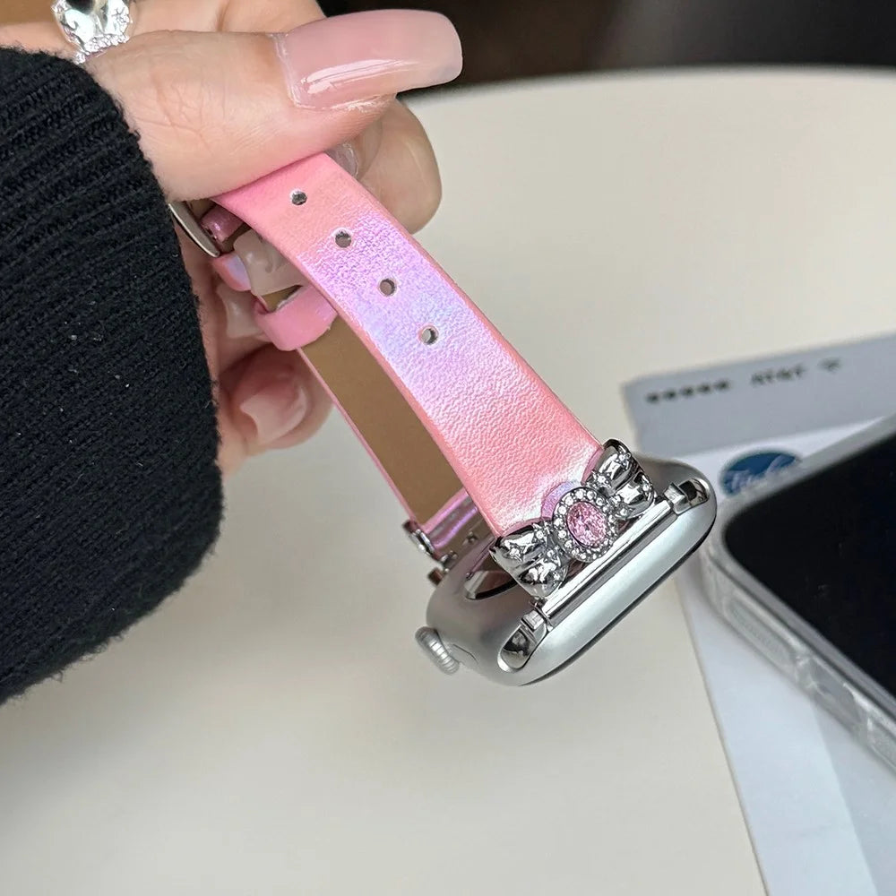 Watch Strap for Apple Watch Series 11 10 42mm / 9 8 7 41mm / SE3 SE2 SE 6 5 4 40mm / 3 2 1 38mm Leather Band Butterfly Joint Rhinestones Decor - Light Pink - 3