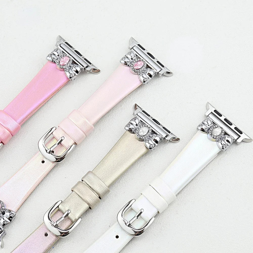 Watch Strap for Apple Watch Series 11 10 42mm / 9 8 7 41mm / SE3 SE2 SE 6 5 4 40mm / 3 2 1 38mm Leather Band Butterfly Joint Rhinestones Decor - Light Pink - 5
