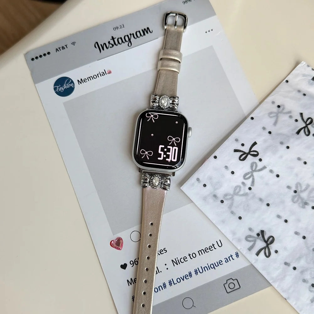 Watch Strap for Apple Watch Ultra 3 2 1 49mm / Series 11 10 46mm / 9 8 7 45mm / SE3 SE2 SE 6 5 4 44mm / 3 2 1 42mm Leather Band Butterfly Joint - Silver - 2
