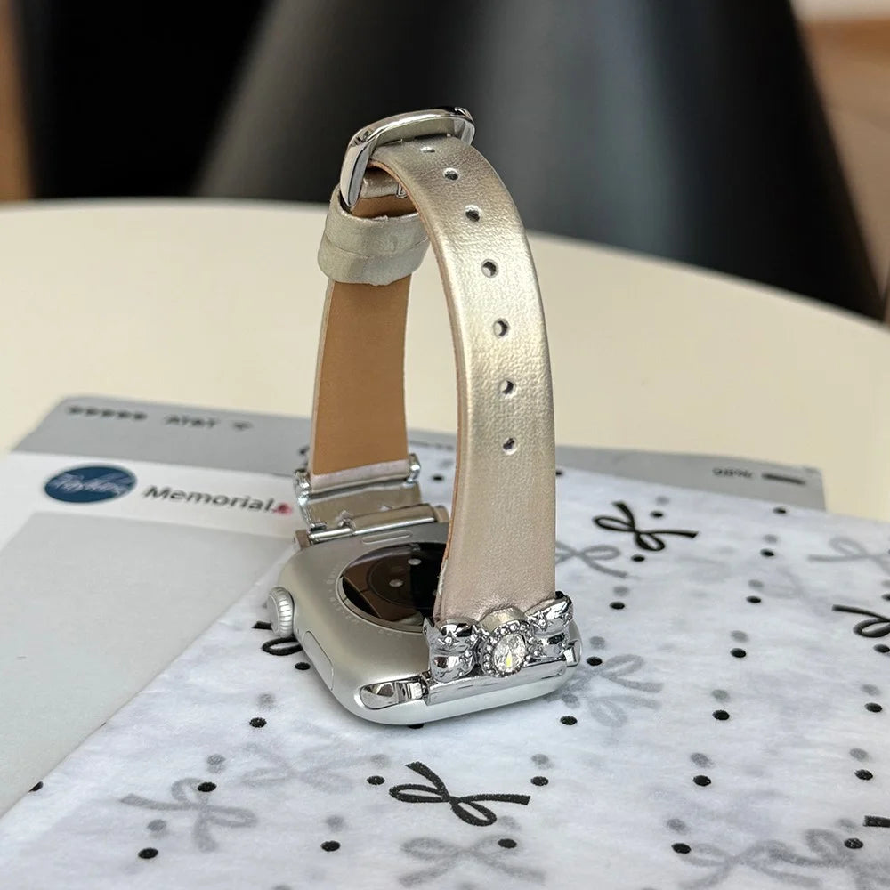 Watch Strap for Apple Watch Ultra 3 2 1 49mm / Series 11 10 46mm / 9 8 7 45mm / SE3 SE2 SE 6 5 4 44mm / 3 2 1 42mm Leather Band Butterfly Joint - Silver - 3