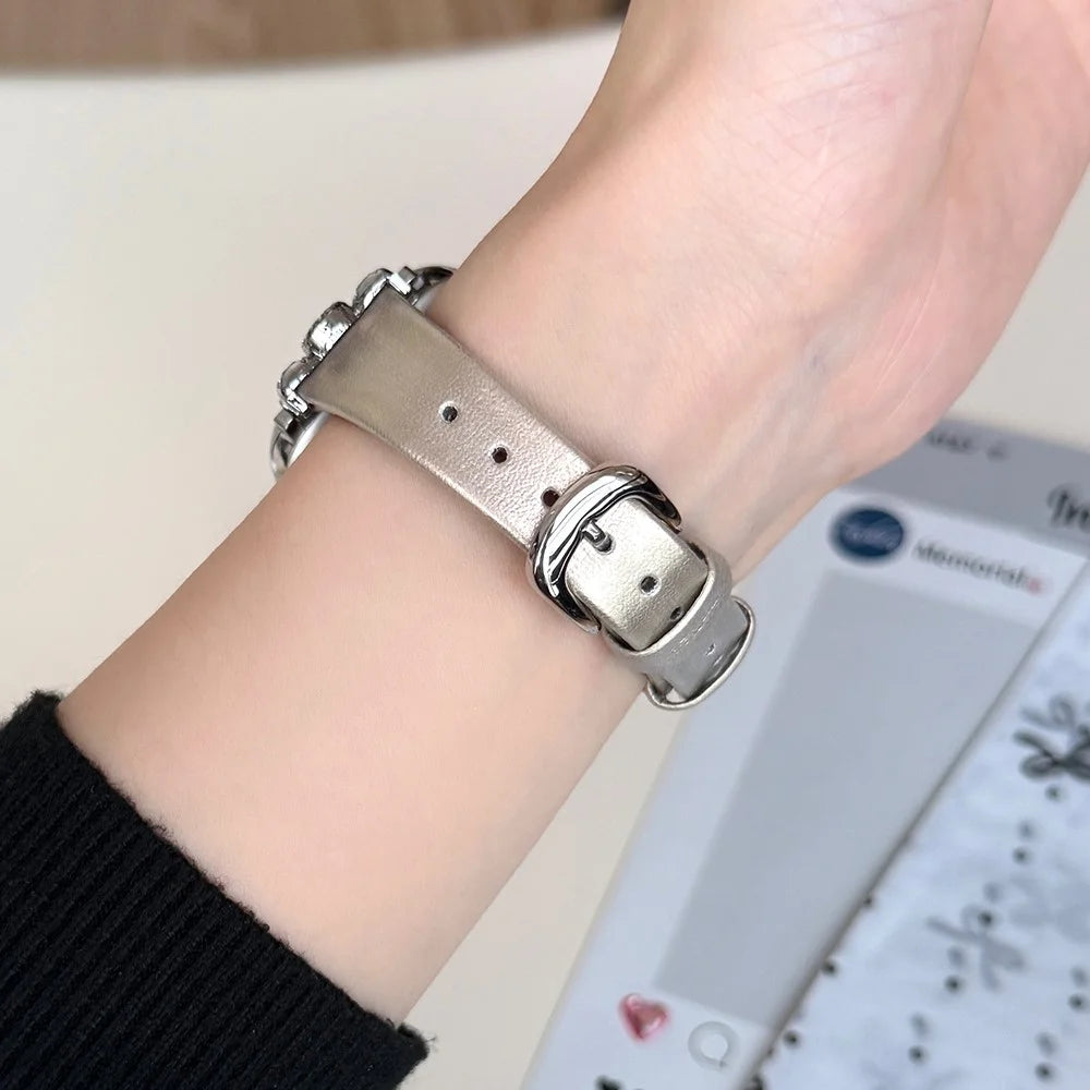 Watch Strap for Apple Watch Ultra 3 2 1 49mm / Series 11 10 46mm / 9 8 7 45mm / SE3 SE2 SE 6 5 4 44mm / 3 2 1 42mm Leather Band Butterfly Joint - Silver - 4
