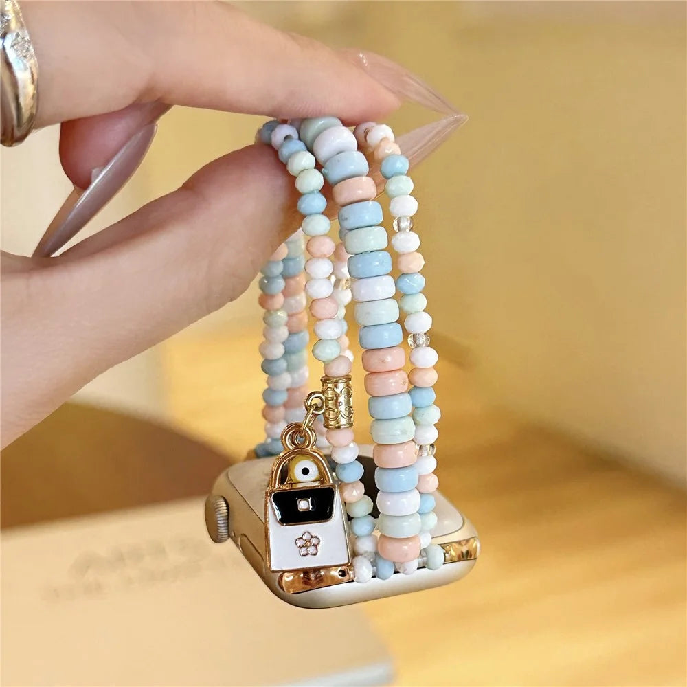 Watch Strap for Apple Watch Series 11 10 42mm / 9 8 7 41mm / SE3 SE2 SE 6 5 4 40mm / 3 2 1 38mm 3-Row Beads Bracelet Wrist Band - Pink - 4