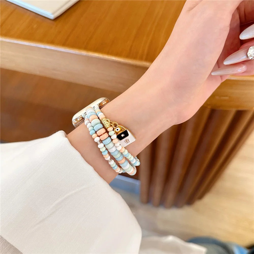 Watch Strap for Apple Watch Series 11 10 42mm / 9 8 7 41mm / SE3 SE2 SE 6 5 4 40mm / 3 2 1 38mm 3-Row Beads Bracelet Wrist Band - Pink - 5