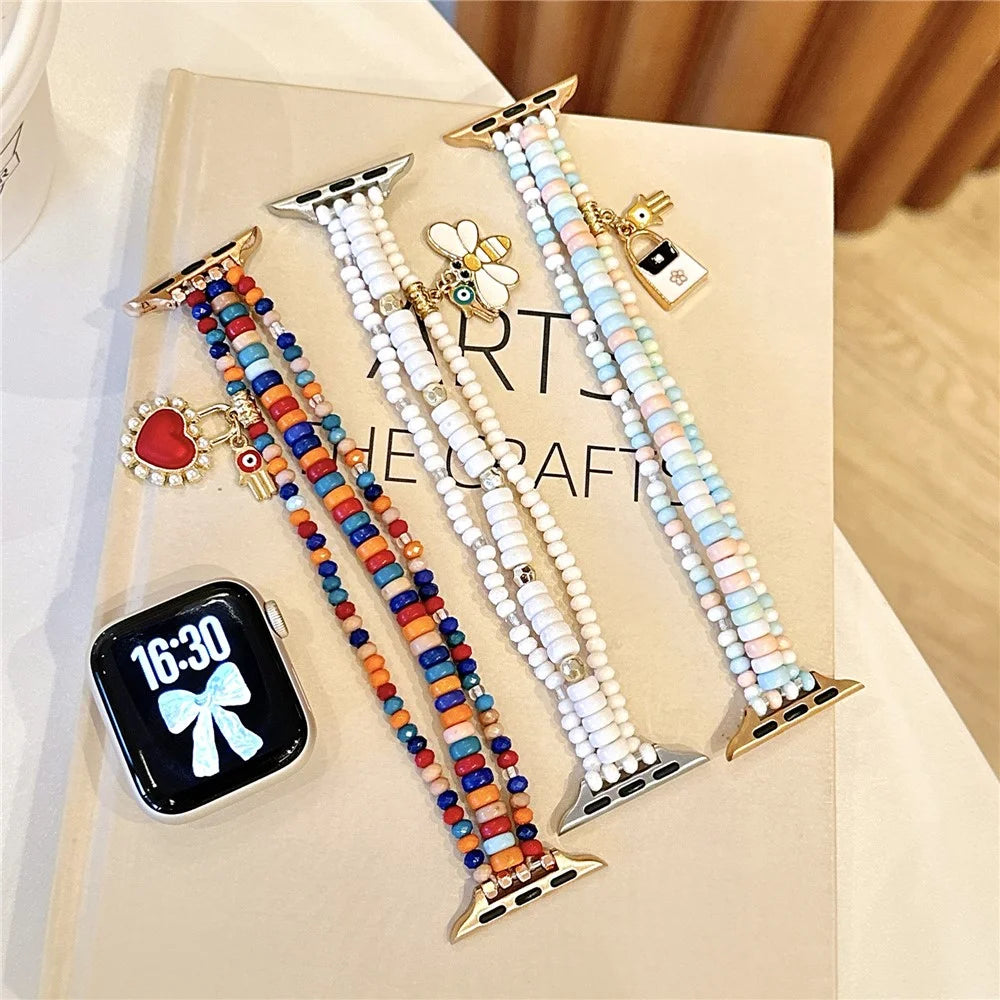 Watch Strap for Apple Watch Series 11 10 42mm / 9 8 7 41mm / SE3 SE2 SE 6 5 4 40mm / 3 2 1 38mm 3-Row Beads Bracelet Wrist Band - Pink - 6