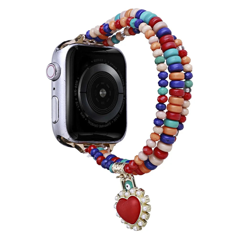 Watch Strap for Apple Watch Ultra 3 2 1 49mm / Series 11 10 46mm / 9 8 7 45mm / SE3 SE2 SE 6 5 4 44mm / 3 2 1 42mm 3-Row Beads Bracelet Wrist Band - Red - 1