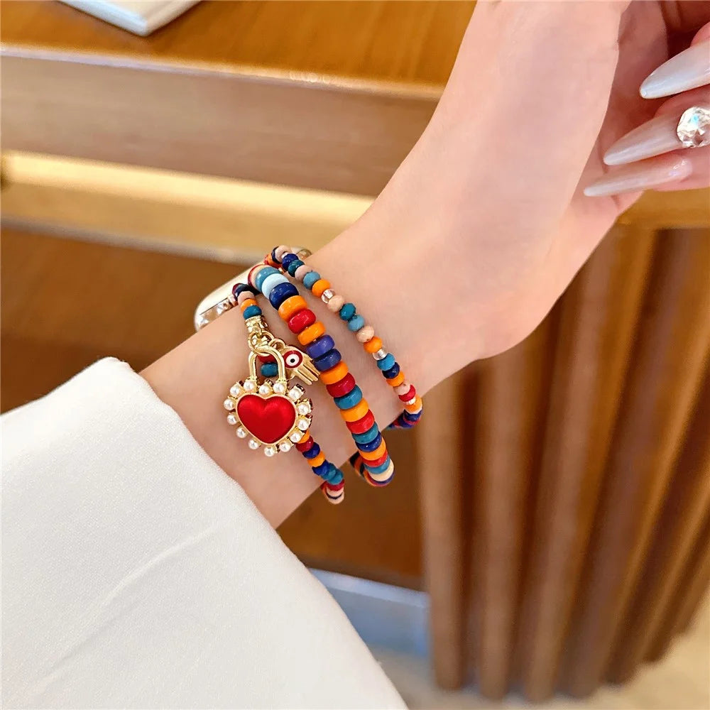 Watch Strap for Apple Watch Ultra 3 2 1 49mm / Series 11 10 46mm / 9 8 7 45mm / SE3 SE2 SE 6 5 4 44mm / 3 2 1 42mm 3-Row Beads Bracelet Wrist Band - Red - 4