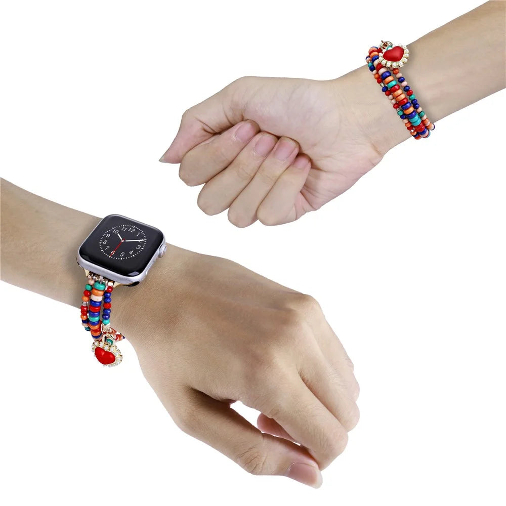 Watch Strap for Apple Watch Ultra 3 2 1 49mm / Series 11 10 46mm / 9 8 7 45mm / SE3 SE2 SE 6 5 4 44mm / 3 2 1 42mm 3-Row Beads Bracelet Wrist Band - Red - 5