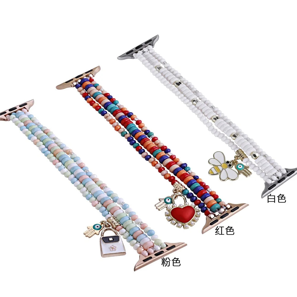 Watch Strap for Apple Watch Ultra 3 2 1 49mm / Series 11 10 46mm / 9 8 7 45mm / SE3 SE2 SE 6 5 4 44mm / 3 2 1 42mm 3-Row Beads Bracelet Wrist Band - Red - 7