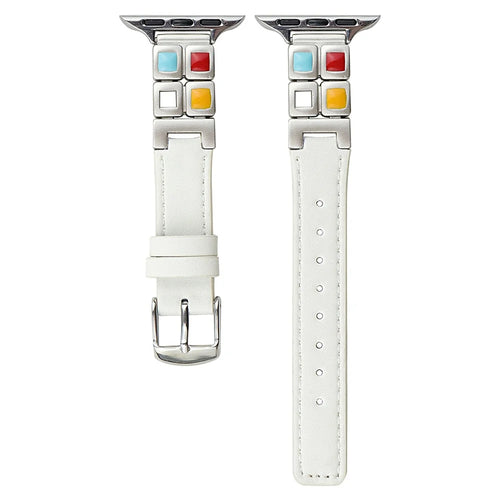 Wrist Strap for Apple Watch Series 11 10 42mm / 9 8 7 41mm / SE3 SE2 SE 6 5 4 40mm / 3 2 1 38mm Metal Eyeshadow Palette Leather Watch Band - White / Starlight Buckle - 1