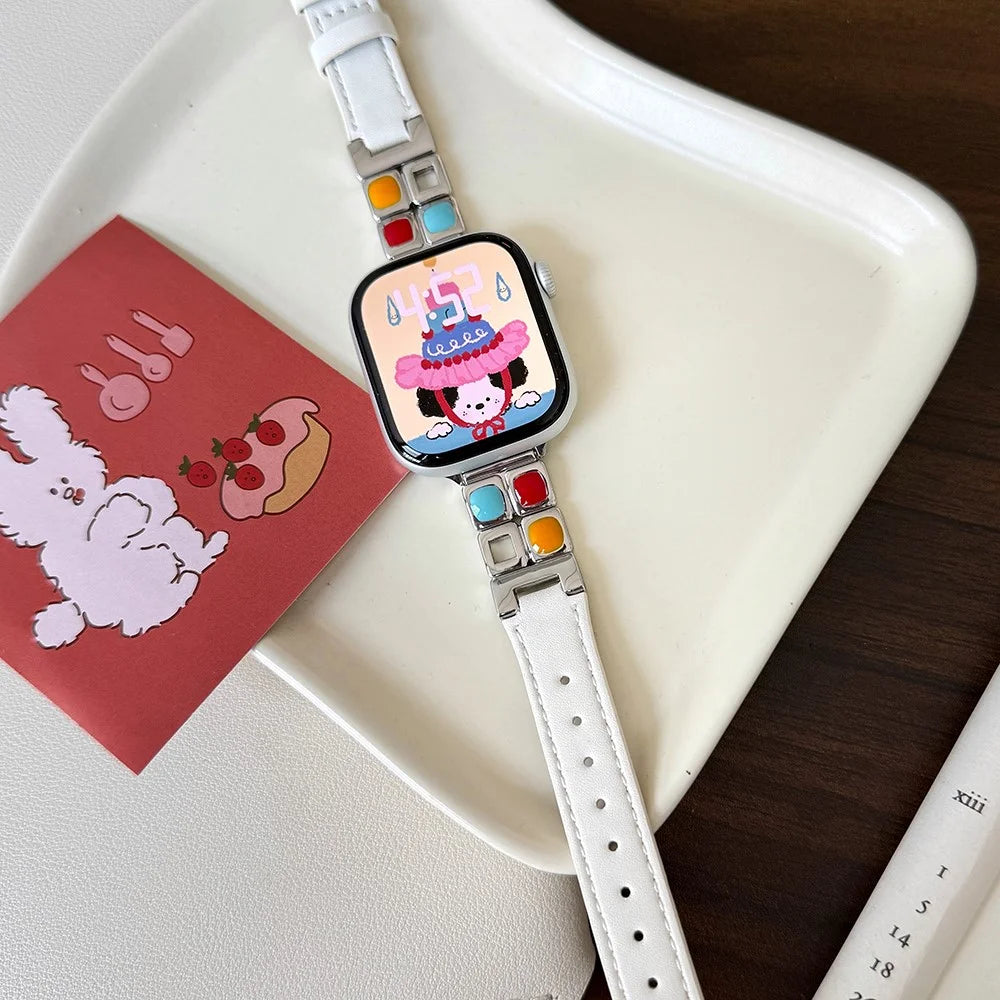 Wrist Strap for Apple Watch Series 11 10 42mm / 9 8 7 41mm / SE3 SE2 SE 6 5 4 40mm / 3 2 1 38mm Metal Eyeshadow Palette Leather Watch Band - White / Starlight Buckle - 2