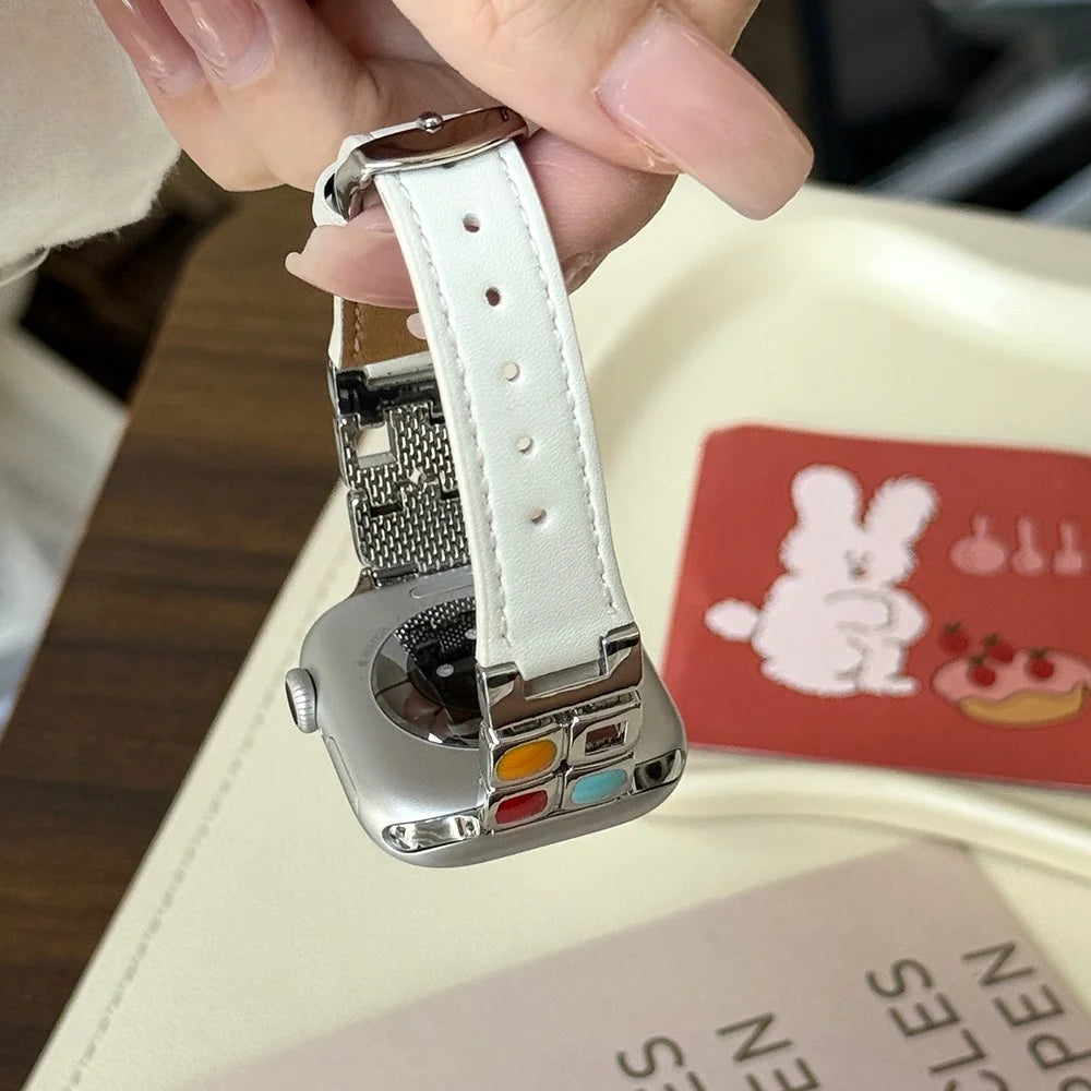 Wrist Strap for Apple Watch Series 11 10 42mm / 9 8 7 41mm / SE3 SE2 SE 6 5 4 40mm / 3 2 1 38mm Metal Eyeshadow Palette Leather Watch Band - White / Starlight Buckle - 3
