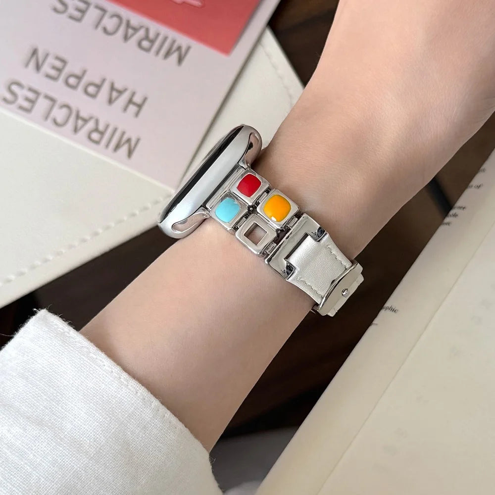Wrist Strap for Apple Watch Series 11 10 42mm / 9 8 7 41mm / SE3 SE2 SE 6 5 4 40mm / 3 2 1 38mm Metal Eyeshadow Palette Leather Watch Band - White / Starlight Buckle - 4