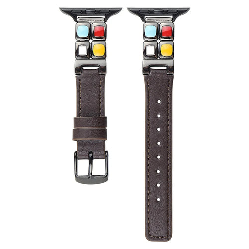Leather Strap for Apple Watch Ultra 3 2 1 49mm / Series 11 10 46mm / 9 8 7 45mm / SE3 SE2 SE 6 5 4 44mm / 3 2 1 42mm Eyeshadow Palette Watch Band - Dark Brown / Black Buckle - 1