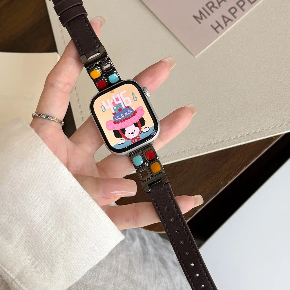 Leather Strap for Apple Watch Ultra 3 2 1 49mm / Series 11 10 46mm / 9 8 7 45mm / SE3 SE2 SE 6 5 4 44mm / 3 2 1 42mm Eyeshadow Palette Watch Band - Dark Brown / Black Buckle - 2