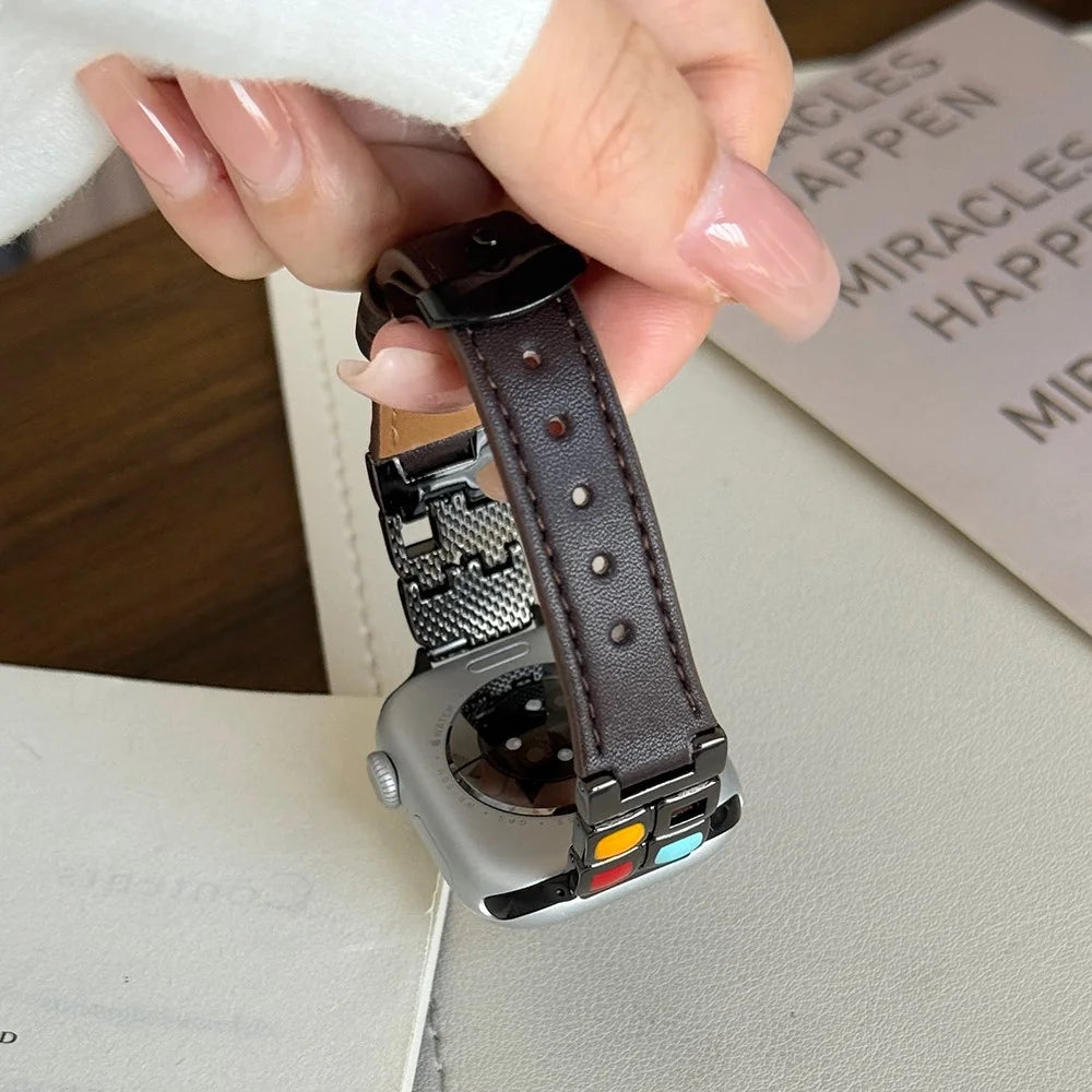 Leather Strap for Apple Watch Ultra 3 2 1 49mm / Series 11 10 46mm / 9 8 7 45mm / SE3 SE2 SE 6 5 4 44mm / 3 2 1 42mm Eyeshadow Palette Watch Band - Dark Brown / Black Buckle - 3